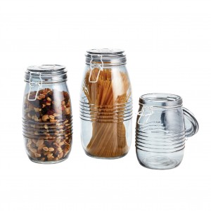 Glass storage bottle with clip lock and sealing lid for storing honey kitchen glass jars
