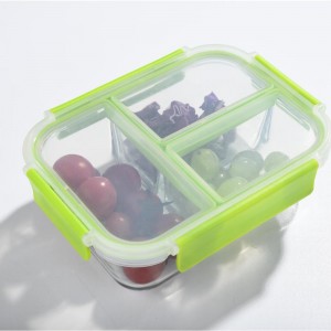 Leakproof High Borosilicate Glass Meal Prep Food Lunch Box Set With 3 Compartment With MS Lid