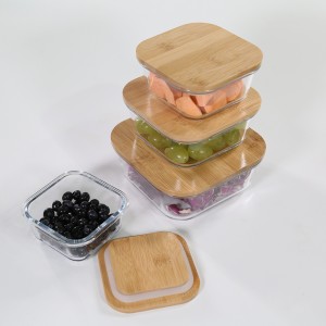 New design Eco-friendly high borosilicate glass storage food container with bamboo wood lid